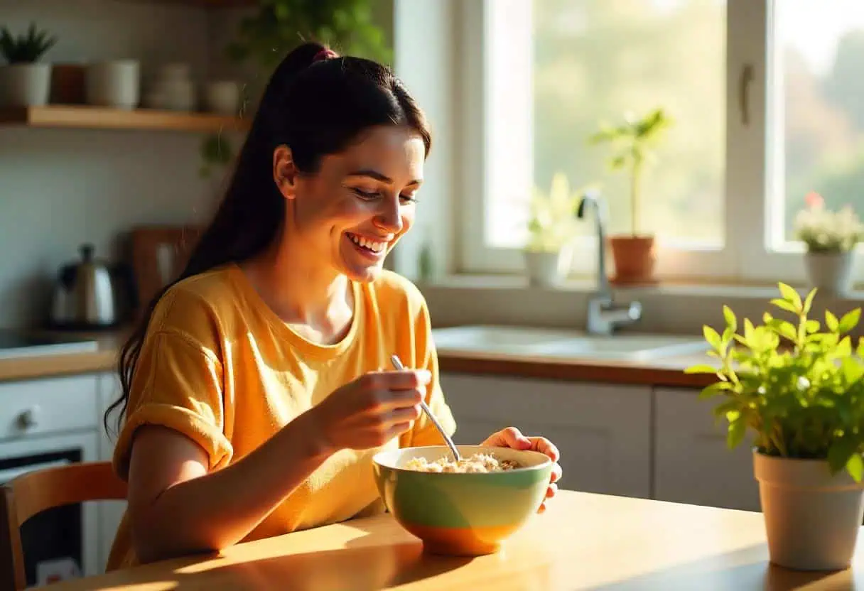 Girl eating oatmeal after teeth whitening 